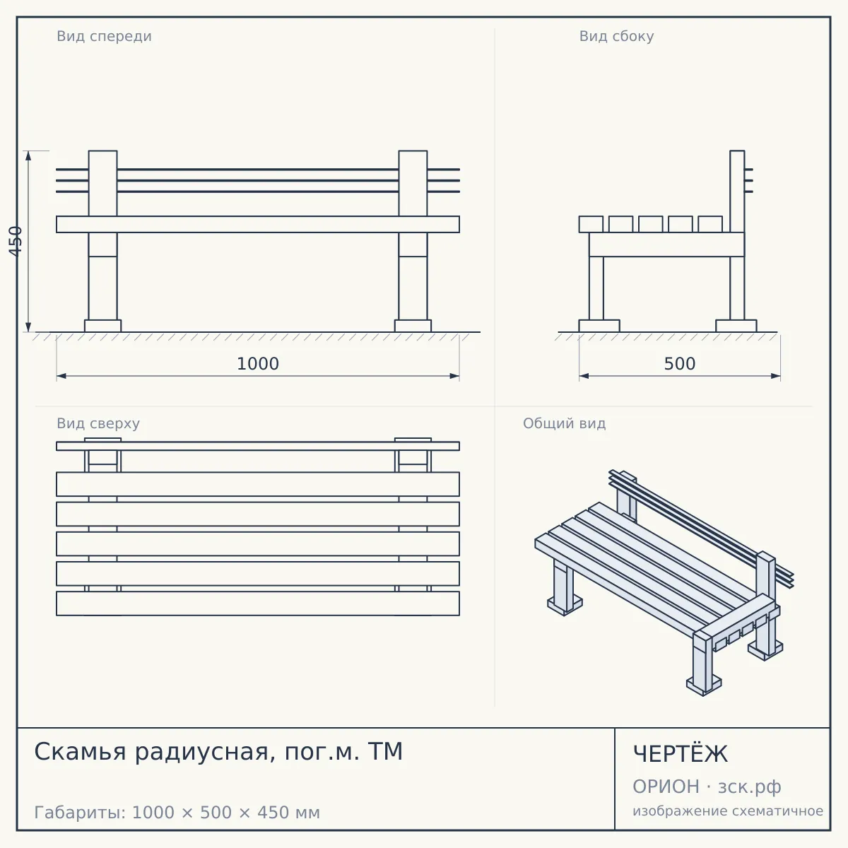 Скамья радиусная, пог.м. ТМ — чертёж